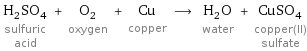 H_2SO_4 sulfuric acid + O_2 oxygen + Cu copper ⟶ H_2O water + CuSO_4 copper(II) sulfate