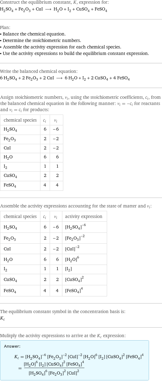 Construct the equilibrium constant, K, expression for: H_2SO_4 + Fe_2O_3 + CuI ⟶ H_2O + I_2 + CuSO_4 + FeSO_4 Plan: • Balance the chemical equation. • Determine the stoichiometric numbers. • Assemble the activity expression for each chemical species. • Use the activity expressions to build the equilibrium constant expression. Write the balanced chemical equation: 6 H_2SO_4 + 2 Fe_2O_3 + 2 CuI ⟶ 6 H_2O + I_2 + 2 CuSO_4 + 4 FeSO_4 Assign stoichiometric numbers, ν_i, using the stoichiometric coefficients, c_i, from the balanced chemical equation in the following manner: ν_i = -c_i for reactants and ν_i = c_i for products: chemical species | c_i | ν_i H_2SO_4 | 6 | -6 Fe_2O_3 | 2 | -2 CuI | 2 | -2 H_2O | 6 | 6 I_2 | 1 | 1 CuSO_4 | 2 | 2 FeSO_4 | 4 | 4 Assemble the activity expressions accounting for the state of matter and ν_i: chemical species | c_i | ν_i | activity expression H_2SO_4 | 6 | -6 | ([H2SO4])^(-6) Fe_2O_3 | 2 | -2 | ([Fe2O3])^(-2) CuI | 2 | -2 | ([CuI])^(-2) H_2O | 6 | 6 | ([H2O])^6 I_2 | 1 | 1 | [I2] CuSO_4 | 2 | 2 | ([CuSO4])^2 FeSO_4 | 4 | 4 | ([FeSO4])^4 The equilibrium constant symbol in the concentration basis is: K_c Mulitply the activity expressions to arrive at the K_c expression: Answer: |   | K_c = ([H2SO4])^(-6) ([Fe2O3])^(-2) ([CuI])^(-2) ([H2O])^6 [I2] ([CuSO4])^2 ([FeSO4])^4 = (([H2O])^6 [I2] ([CuSO4])^2 ([FeSO4])^4)/(([H2SO4])^6 ([Fe2O3])^2 ([CuI])^2)