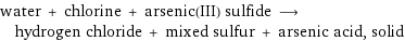 water + chlorine + arsenic(III) sulfide ⟶ hydrogen chloride + mixed sulfur + arsenic acid, solid