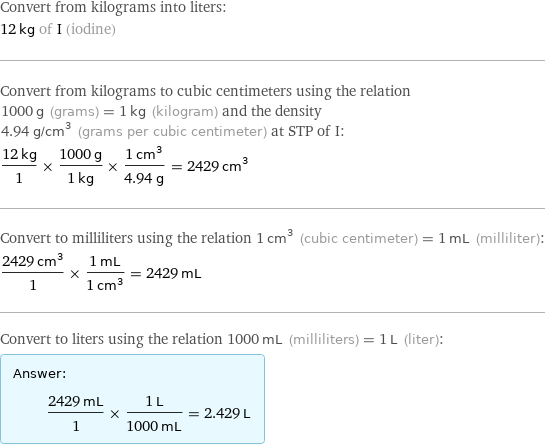 Convert from kilograms into liters: 12 kg of I (iodine) Convert from kilograms to cubic centimeters using the relation 1000 g (grams) = 1 kg (kilogram) and the density 4.94 g/cm^3 (grams per cubic centimeter) at STP of I: (12 kg)/1 × (1000 g)/(1 kg) × (1 cm^3)/(4.94 g) = 2429 cm^3 Convert to milliliters using the relation 1 cm^3 (cubic centimeter) = 1 mL (milliliter): (2429 cm^3)/1 × (1 mL)/(1 cm^3) = 2429 mL Convert to liters using the relation 1000 mL (milliliters) = 1 L (liter): Answer: |   | (2429 mL)/1 × (1 L)/(1000 mL) = 2.429 L
