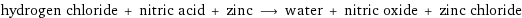 hydrogen chloride + nitric acid + zinc ⟶ water + nitric oxide + zinc chloride