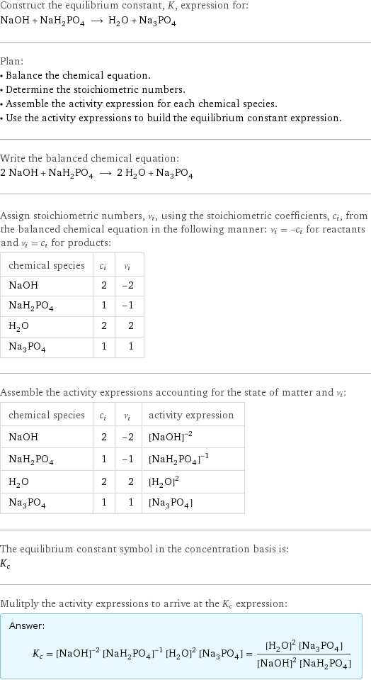 Construct the equilibrium constant, K, expression for: NaOH + NaH_2PO_4 ⟶ H_2O + Na_3PO_4 Plan: • Balance the chemical equation. • Determine the stoichiometric numbers. • Assemble the activity expression for each chemical species. • Use the activity expressions to build the equilibrium constant expression. Write the balanced chemical equation: 2 NaOH + NaH_2PO_4 ⟶ 2 H_2O + Na_3PO_4 Assign stoichiometric numbers, ν_i, using the stoichiometric coefficients, c_i, from the balanced chemical equation in the following manner: ν_i = -c_i for reactants and ν_i = c_i for products: chemical species | c_i | ν_i NaOH | 2 | -2 NaH_2PO_4 | 1 | -1 H_2O | 2 | 2 Na_3PO_4 | 1 | 1 Assemble the activity expressions accounting for the state of matter and ν_i: chemical species | c_i | ν_i | activity expression NaOH | 2 | -2 | ([NaOH])^(-2) NaH_2PO_4 | 1 | -1 | ([NaH2PO4])^(-1) H_2O | 2 | 2 | ([H2O])^2 Na_3PO_4 | 1 | 1 | [Na3PO4] The equilibrium constant symbol in the concentration basis is: K_c Mulitply the activity expressions to arrive at the K_c expression: Answer: |   | K_c = ([NaOH])^(-2) ([NaH2PO4])^(-1) ([H2O])^2 [Na3PO4] = (([H2O])^2 [Na3PO4])/(([NaOH])^2 [NaH2PO4])