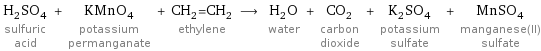 H_2SO_4 sulfuric acid + KMnO_4 potassium permanganate + CH_2=CH_2 ethylene ⟶ H_2O water + CO_2 carbon dioxide + K_2SO_4 potassium sulfate + MnSO_4 manganese(II) sulfate