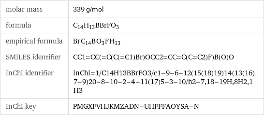 molar mass | 339 g/mol formula | C_14H_13BBrFO_3 empirical formula | Br_C_14B_O_3F_H_13 SMILES identifier | CC1=CC(=C(C(=C1)Br)OCC2=CC=C(C=C2)F)B(O)O InChI identifier | InChI=1/C14H13BBrFO3/c1-9-6-12(15(18)19)14(13(16)7-9)20-8-10-2-4-11(17)5-3-10/h2-7, 18-19H, 8H2, 1H3 InChI key | PMGXFVHJKMZADN-UHFFFAOYSA-N