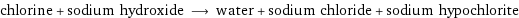 chlorine + sodium hydroxide ⟶ water + sodium chloride + sodium hypochlorite