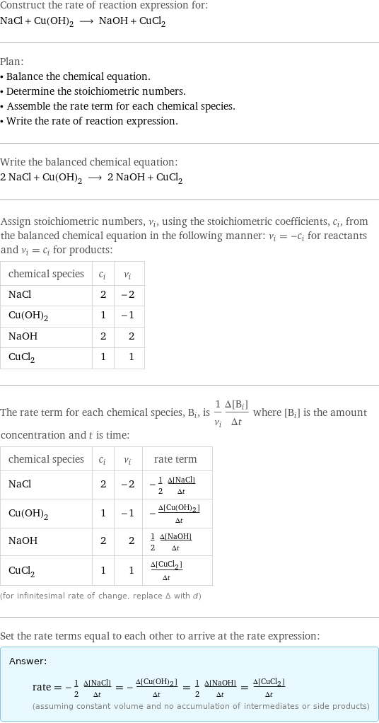 Construct the rate of reaction expression for: NaCl + Cu(OH)_2 ⟶ NaOH + CuCl_2 Plan: • Balance the chemical equation. • Determine the stoichiometric numbers. • Assemble the rate term for each chemical species. • Write the rate of reaction expression. Write the balanced chemical equation: 2 NaCl + Cu(OH)_2 ⟶ 2 NaOH + CuCl_2 Assign stoichiometric numbers, ν_i, using the stoichiometric coefficients, c_i, from the balanced chemical equation in the following manner: ν_i = -c_i for reactants and ν_i = c_i for products: chemical species | c_i | ν_i NaCl | 2 | -2 Cu(OH)_2 | 1 | -1 NaOH | 2 | 2 CuCl_2 | 1 | 1 The rate term for each chemical species, B_i, is 1/ν_i(Δ[B_i])/(Δt) where [B_i] is the amount concentration and t is time: chemical species | c_i | ν_i | rate term NaCl | 2 | -2 | -1/2 (Δ[NaCl])/(Δt) Cu(OH)_2 | 1 | -1 | -(Δ[Cu(OH)2])/(Δt) NaOH | 2 | 2 | 1/2 (Δ[NaOH])/(Δt) CuCl_2 | 1 | 1 | (Δ[CuCl2])/(Δt) (for infinitesimal rate of change, replace Δ with d) Set the rate terms equal to each other to arrive at the rate expression: Answer: |   | rate = -1/2 (Δ[NaCl])/(Δt) = -(Δ[Cu(OH)2])/(Δt) = 1/2 (Δ[NaOH])/(Δt) = (Δ[CuCl2])/(Δt) (assuming constant volume and no accumulation of intermediates or side products)