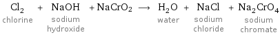 Cl_2 chlorine + NaOH sodium hydroxide + NaCrO2 ⟶ H_2O water + NaCl sodium chloride + Na_2CrO_4 sodium chromate