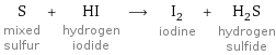 S mixed sulfur + HI hydrogen iodide ⟶ I_2 iodine + H_2S hydrogen sulfide