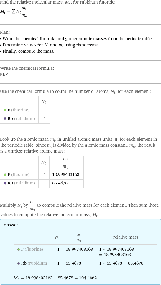 Find the relative molecular mass, M_r, for rubidium fluoride: M_r = sum _iN_im_i/m_u Plan: • Write the chemical formula and gather atomic masses from the periodic table. • Determine values for N_i and m_i using these items. • Finally, compute the mass. Write the chemical formula: RbF Use the chemical formula to count the number of atoms, N_i, for each element:  | N_i  F (fluorine) | 1  Rb (rubidium) | 1 Look up the atomic mass, m_i, in unified atomic mass units, u, for each element in the periodic table. Since m_i is divided by the atomic mass constant, m_u, the result is a unitless relative atomic mass:  | N_i | m_i/m_u  F (fluorine) | 1 | 18.998403163  Rb (rubidium) | 1 | 85.4678 Multiply N_i by m_i/m_u to compute the relative mass for each element. Then sum those values to compute the relative molecular mass, M_r: Answer: |   | | N_i | m_i/m_u | relative mass  F (fluorine) | 1 | 18.998403163 | 1 × 18.998403163 = 18.998403163  Rb (rubidium) | 1 | 85.4678 | 1 × 85.4678 = 85.4678  M_r = 18.998403163 + 85.4678 = 104.4662