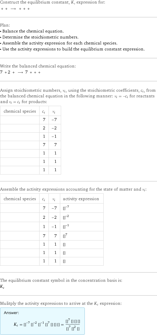 Construct the equilibrium constant, K, expression for:  + + ⟶ + + +  Plan: • Balance the chemical equation. • Determine the stoichiometric numbers. • Assemble the activity expression for each chemical species. • Use the activity expressions to build the equilibrium constant expression. Write the balanced chemical equation: 7 + 2 + ⟶ 7 + + +  Assign stoichiometric numbers, ν_i, using the stoichiometric coefficients, c_i, from the balanced chemical equation in the following manner: ν_i = -c_i for reactants and ν_i = c_i for products: chemical species | c_i | ν_i  | 7 | -7  | 2 | -2  | 1 | -1  | 7 | 7  | 1 | 1  | 1 | 1  | 1 | 1 Assemble the activity expressions accounting for the state of matter and ν_i: chemical species | c_i | ν_i | activity expression  | 7 | -7 | ([H2SO4])^(-7)  | 2 | -2 | ([Al])^(-2)  | 1 | -1 | ([K2Cr2O7])^(-1)  | 7 | 7 | ([H2O])^7  | 1 | 1 | [K2SO4]  | 1 | 1 | [Cr2(SO4)3]  | 1 | 1 | [Al2(SO4)3] The equilibrium constant symbol in the concentration basis is: K_c Mulitply the activity expressions to arrive at the K_c expression: Answer: |   | K_c = ([H2SO4])^(-7) ([Al])^(-2) ([K2Cr2O7])^(-1) ([H2O])^7 [K2SO4] [Cr2(SO4)3] [Al2(SO4)3] = (([H2O])^7 [K2SO4] [Cr2(SO4)3] [Al2(SO4)3])/(([H2SO4])^7 ([Al])^2 [K2Cr2O7])