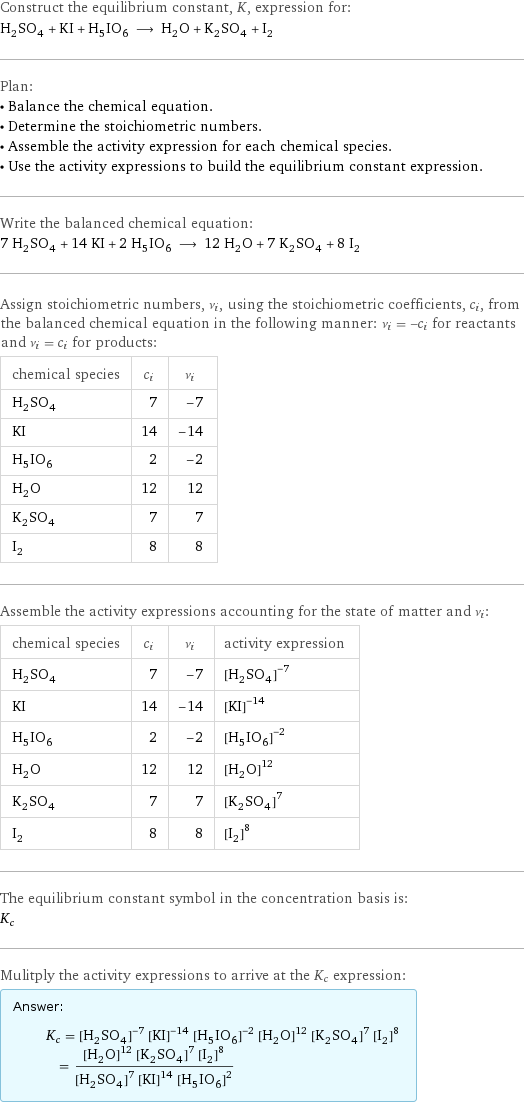 Construct the equilibrium constant, K, expression for: H_2SO_4 + KI + H_5IO_6 ⟶ H_2O + K_2SO_4 + I_2 Plan: • Balance the chemical equation. • Determine the stoichiometric numbers. • Assemble the activity expression for each chemical species. • Use the activity expressions to build the equilibrium constant expression. Write the balanced chemical equation: 7 H_2SO_4 + 14 KI + 2 H_5IO_6 ⟶ 12 H_2O + 7 K_2SO_4 + 8 I_2 Assign stoichiometric numbers, ν_i, using the stoichiometric coefficients, c_i, from the balanced chemical equation in the following manner: ν_i = -c_i for reactants and ν_i = c_i for products: chemical species | c_i | ν_i H_2SO_4 | 7 | -7 KI | 14 | -14 H_5IO_6 | 2 | -2 H_2O | 12 | 12 K_2SO_4 | 7 | 7 I_2 | 8 | 8 Assemble the activity expressions accounting for the state of matter and ν_i: chemical species | c_i | ν_i | activity expression H_2SO_4 | 7 | -7 | ([H2SO4])^(-7) KI | 14 | -14 | ([KI])^(-14) H_5IO_6 | 2 | -2 | ([H5IO6])^(-2) H_2O | 12 | 12 | ([H2O])^12 K_2SO_4 | 7 | 7 | ([K2SO4])^7 I_2 | 8 | 8 | ([I2])^8 The equilibrium constant symbol in the concentration basis is: K_c Mulitply the activity expressions to arrive at the K_c expression: Answer: |   | K_c = ([H2SO4])^(-7) ([KI])^(-14) ([H5IO6])^(-2) ([H2O])^12 ([K2SO4])^7 ([I2])^8 = (([H2O])^12 ([K2SO4])^7 ([I2])^8)/(([H2SO4])^7 ([KI])^14 ([H5IO6])^2)