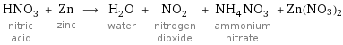 HNO_3 nitric acid + Zn zinc ⟶ H_2O water + NO_2 nitrogen dioxide + NH_4NO_3 ammonium nitrate + Zn(NO3)2