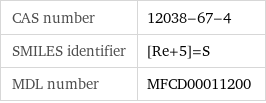 CAS number | 12038-67-4 SMILES identifier | [Re+5]=S MDL number | MFCD00011200