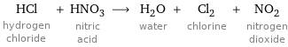HCl hydrogen chloride + HNO_3 nitric acid ⟶ H_2O water + Cl_2 chlorine + NO_2 nitrogen dioxide