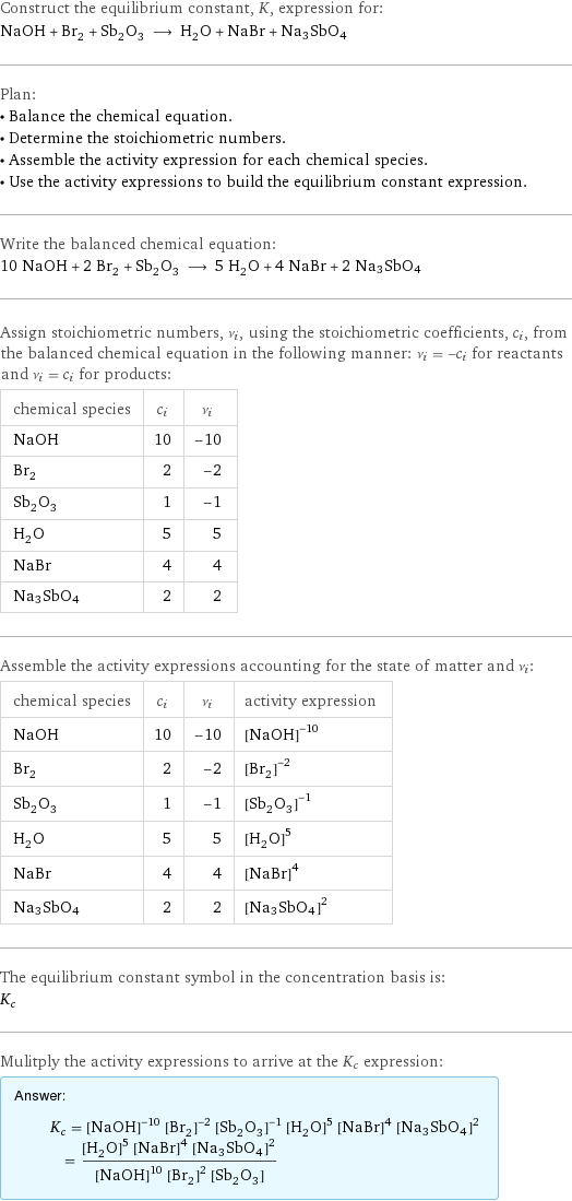 Construct the equilibrium constant, K, expression for: NaOH + Br_2 + Sb_2O_3 ⟶ H_2O + NaBr + Na3SbO4 Plan: • Balance the chemical equation. • Determine the stoichiometric numbers. • Assemble the activity expression for each chemical species. • Use the activity expressions to build the equilibrium constant expression. Write the balanced chemical equation: 10 NaOH + 2 Br_2 + Sb_2O_3 ⟶ 5 H_2O + 4 NaBr + 2 Na3SbO4 Assign stoichiometric numbers, ν_i, using the stoichiometric coefficients, c_i, from the balanced chemical equation in the following manner: ν_i = -c_i for reactants and ν_i = c_i for products: chemical species | c_i | ν_i NaOH | 10 | -10 Br_2 | 2 | -2 Sb_2O_3 | 1 | -1 H_2O | 5 | 5 NaBr | 4 | 4 Na3SbO4 | 2 | 2 Assemble the activity expressions accounting for the state of matter and ν_i: chemical species | c_i | ν_i | activity expression NaOH | 10 | -10 | ([NaOH])^(-10) Br_2 | 2 | -2 | ([Br2])^(-2) Sb_2O_3 | 1 | -1 | ([Sb2O3])^(-1) H_2O | 5 | 5 | ([H2O])^5 NaBr | 4 | 4 | ([NaBr])^4 Na3SbO4 | 2 | 2 | ([Na3SbO4])^2 The equilibrium constant symbol in the concentration basis is: K_c Mulitply the activity expressions to arrive at the K_c expression: Answer: |   | K_c = ([NaOH])^(-10) ([Br2])^(-2) ([Sb2O3])^(-1) ([H2O])^5 ([NaBr])^4 ([Na3SbO4])^2 = (([H2O])^5 ([NaBr])^4 ([Na3SbO4])^2)/(([NaOH])^10 ([Br2])^2 [Sb2O3])