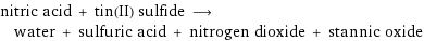 nitric acid + tin(II) sulfide ⟶ water + sulfuric acid + nitrogen dioxide + stannic oxide