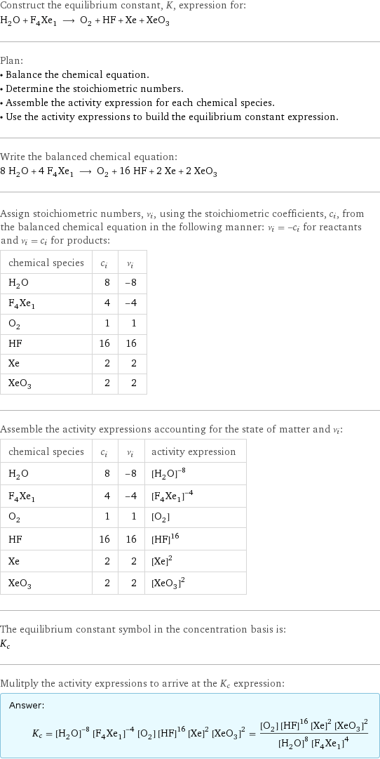 Construct the equilibrium constant, K, expression for: H_2O + F_4Xe_1 ⟶ O_2 + HF + Xe + XeO_3 Plan: • Balance the chemical equation. • Determine the stoichiometric numbers. • Assemble the activity expression for each chemical species. • Use the activity expressions to build the equilibrium constant expression. Write the balanced chemical equation: 8 H_2O + 4 F_4Xe_1 ⟶ O_2 + 16 HF + 2 Xe + 2 XeO_3 Assign stoichiometric numbers, ν_i, using the stoichiometric coefficients, c_i, from the balanced chemical equation in the following manner: ν_i = -c_i for reactants and ν_i = c_i for products: chemical species | c_i | ν_i H_2O | 8 | -8 F_4Xe_1 | 4 | -4 O_2 | 1 | 1 HF | 16 | 16 Xe | 2 | 2 XeO_3 | 2 | 2 Assemble the activity expressions accounting for the state of matter and ν_i: chemical species | c_i | ν_i | activity expression H_2O | 8 | -8 | ([H2O])^(-8) F_4Xe_1 | 4 | -4 | ([F4Xe1])^(-4) O_2 | 1 | 1 | [O2] HF | 16 | 16 | ([HF])^16 Xe | 2 | 2 | ([Xe])^2 XeO_3 | 2 | 2 | ([XeO3])^2 The equilibrium constant symbol in the concentration basis is: K_c Mulitply the activity expressions to arrive at the K_c expression: Answer: |   | K_c = ([H2O])^(-8) ([F4Xe1])^(-4) [O2] ([HF])^16 ([Xe])^2 ([XeO3])^2 = ([O2] ([HF])^16 ([Xe])^2 ([XeO3])^2)/(([H2O])^8 ([F4Xe1])^4)