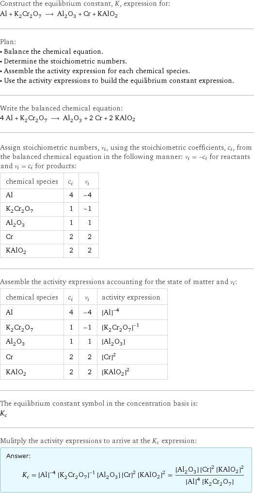 Construct the equilibrium constant, K, expression for: Al + K_2Cr_2O_7 ⟶ Al_2O_3 + Cr + KAlO2 Plan: • Balance the chemical equation. • Determine the stoichiometric numbers. • Assemble the activity expression for each chemical species. • Use the activity expressions to build the equilibrium constant expression. Write the balanced chemical equation: 4 Al + K_2Cr_2O_7 ⟶ Al_2O_3 + 2 Cr + 2 KAlO2 Assign stoichiometric numbers, ν_i, using the stoichiometric coefficients, c_i, from the balanced chemical equation in the following manner: ν_i = -c_i for reactants and ν_i = c_i for products: chemical species | c_i | ν_i Al | 4 | -4 K_2Cr_2O_7 | 1 | -1 Al_2O_3 | 1 | 1 Cr | 2 | 2 KAlO2 | 2 | 2 Assemble the activity expressions accounting for the state of matter and ν_i: chemical species | c_i | ν_i | activity expression Al | 4 | -4 | ([Al])^(-4) K_2Cr_2O_7 | 1 | -1 | ([K2Cr2O7])^(-1) Al_2O_3 | 1 | 1 | [Al2O3] Cr | 2 | 2 | ([Cr])^2 KAlO2 | 2 | 2 | ([KAlO2])^2 The equilibrium constant symbol in the concentration basis is: K_c Mulitply the activity expressions to arrive at the K_c expression: Answer: |   | K_c = ([Al])^(-4) ([K2Cr2O7])^(-1) [Al2O3] ([Cr])^2 ([KAlO2])^2 = ([Al2O3] ([Cr])^2 ([KAlO2])^2)/(([Al])^4 [K2Cr2O7])