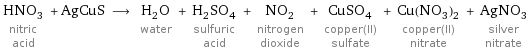 HNO_3 nitric acid + AgCuS ⟶ H_2O water + H_2SO_4 sulfuric acid + NO_2 nitrogen dioxide + CuSO_4 copper(II) sulfate + Cu(NO_3)_2 copper(II) nitrate + AgNO_3 silver nitrate