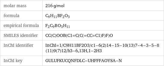 molar mass | 216 g/mol formula | C_9H_11BF_2O_3 empirical formula | F_2C_9B_O_3H_11 SMILES identifier | CC(C)OOB(C1=C(C(=CC=C1)F)F)O InChI identifier | InChI=1/C9H11BF2O3/c1-6(2)14-15-10(13)7-4-3-5-8(11)9(7)12/h3-6, 13H, 1-2H3 InChI key | GULUFKUCQNFDLC-UHFFFAOYSA-N