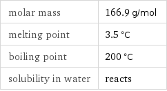 molar mass | 166.9 g/mol melting point | 3.5 °C boiling point | 200 °C solubility in water | reacts