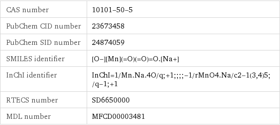 CAS number | 10101-50-5 PubChem CID number | 23673458 PubChem SID number | 24874059 SMILES identifier | [O-][Mn](=O)(=O)=O.[Na+] InChI identifier | InChI=1/Mn.Na.4O/q;+1;;;;-1/rMnO4.Na/c2-1(3, 4)5;/q-1;+1 RTECS number | SD6650000 MDL number | MFCD00003481