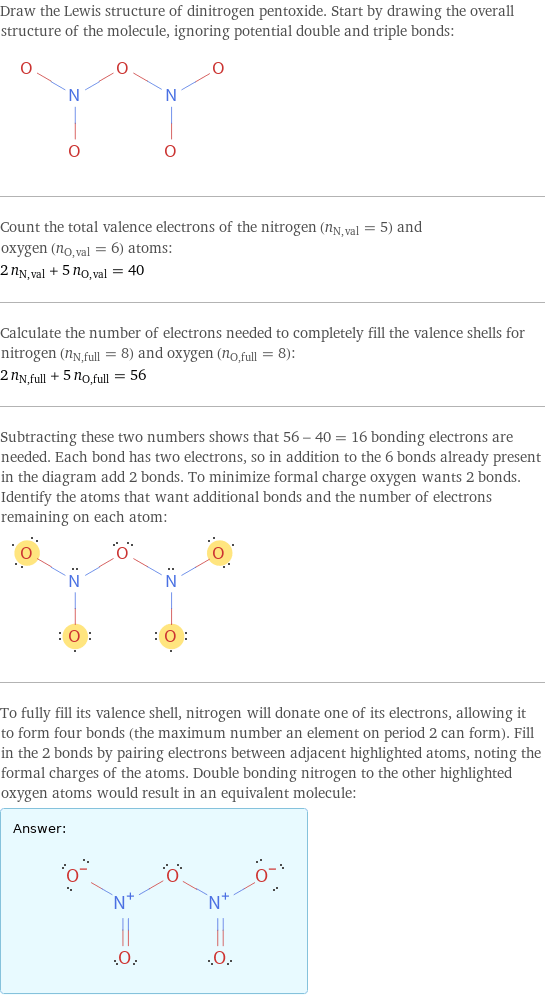 Draw the Lewis structure of dinitrogen pentoxide. Start by drawing the overall structure of the molecule, ignoring potential double and triple bonds:  Count the total valence electrons of the nitrogen (n_N, val = 5) and oxygen (n_O, val = 6) atoms: 2 n_N, val + 5 n_O, val = 40 Calculate the number of electrons needed to completely fill the valence shells for nitrogen (n_N, full = 8) and oxygen (n_O, full = 8): 2 n_N, full + 5 n_O, full = 56 Subtracting these two numbers shows that 56 - 40 = 16 bonding electrons are needed. Each bond has two electrons, so in addition to the 6 bonds already present in the diagram add 2 bonds. To minimize formal charge oxygen wants 2 bonds. Identify the atoms that want additional bonds and the number of electrons remaining on each atom:  To fully fill its valence shell, nitrogen will donate one of its electrons, allowing it to form four bonds (the maximum number an element on period 2 can form). Fill in the 2 bonds by pairing electrons between adjacent highlighted atoms, noting the formal charges of the atoms. Double bonding nitrogen to the other highlighted oxygen atoms would result in an equivalent molecule: Answer: |   | 