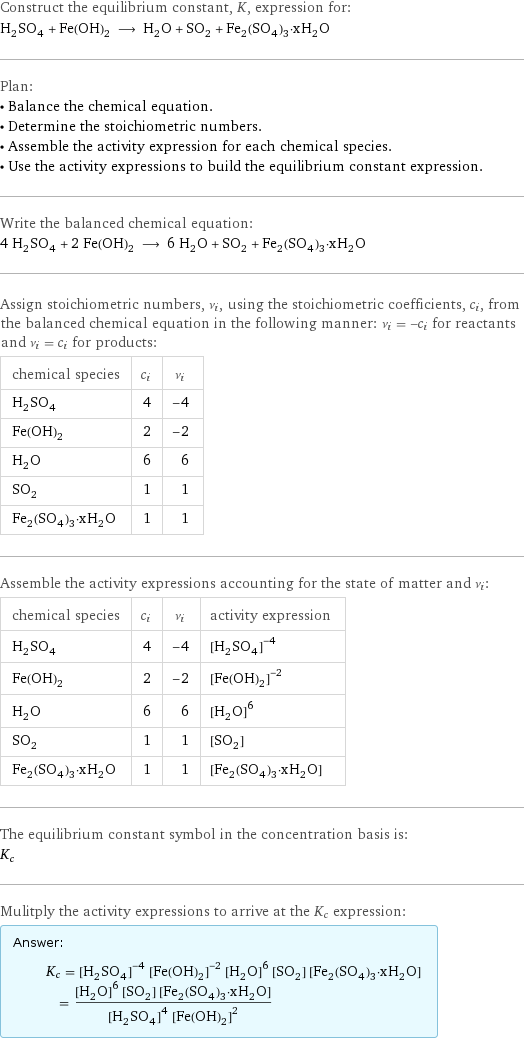 Construct the equilibrium constant, K, expression for: H_2SO_4 + Fe(OH)_2 ⟶ H_2O + SO_2 + Fe_2(SO_4)_3·xH_2O Plan: • Balance the chemical equation. • Determine the stoichiometric numbers. • Assemble the activity expression for each chemical species. • Use the activity expressions to build the equilibrium constant expression. Write the balanced chemical equation: 4 H_2SO_4 + 2 Fe(OH)_2 ⟶ 6 H_2O + SO_2 + Fe_2(SO_4)_3·xH_2O Assign stoichiometric numbers, ν_i, using the stoichiometric coefficients, c_i, from the balanced chemical equation in the following manner: ν_i = -c_i for reactants and ν_i = c_i for products: chemical species | c_i | ν_i H_2SO_4 | 4 | -4 Fe(OH)_2 | 2 | -2 H_2O | 6 | 6 SO_2 | 1 | 1 Fe_2(SO_4)_3·xH_2O | 1 | 1 Assemble the activity expressions accounting for the state of matter and ν_i: chemical species | c_i | ν_i | activity expression H_2SO_4 | 4 | -4 | ([H2SO4])^(-4) Fe(OH)_2 | 2 | -2 | ([Fe(OH)2])^(-2) H_2O | 6 | 6 | ([H2O])^6 SO_2 | 1 | 1 | [SO2] Fe_2(SO_4)_3·xH_2O | 1 | 1 | [Fe2(SO4)3·xH2O] The equilibrium constant symbol in the concentration basis is: K_c Mulitply the activity expressions to arrive at the K_c expression: Answer: |   | K_c = ([H2SO4])^(-4) ([Fe(OH)2])^(-2) ([H2O])^6 [SO2] [Fe2(SO4)3·xH2O] = (([H2O])^6 [SO2] [Fe2(SO4)3·xH2O])/(([H2SO4])^4 ([Fe(OH)2])^2)