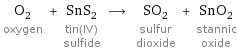 O_2 oxygen + SnS_2 tin(IV) sulfide ⟶ SO_2 sulfur dioxide + SnO_2 stannic oxide