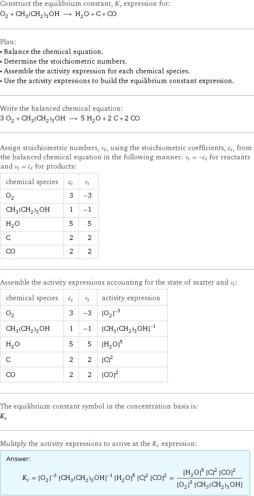 Construct the equilibrium constant, K, expression for: O_2 + CH_3(CH_2)_3OH ⟶ H_2O + C + CO Plan: • Balance the chemical equation. • Determine the stoichiometric numbers. • Assemble the activity expression for each chemical species. • Use the activity expressions to build the equilibrium constant expression. Write the balanced chemical equation: 3 O_2 + CH_3(CH_2)_3OH ⟶ 5 H_2O + 2 C + 2 CO Assign stoichiometric numbers, ν_i, using the stoichiometric coefficients, c_i, from the balanced chemical equation in the following manner: ν_i = -c_i for reactants and ν_i = c_i for products: chemical species | c_i | ν_i O_2 | 3 | -3 CH_3(CH_2)_3OH | 1 | -1 H_2O | 5 | 5 C | 2 | 2 CO | 2 | 2 Assemble the activity expressions accounting for the state of matter and ν_i: chemical species | c_i | ν_i | activity expression O_2 | 3 | -3 | ([O2])^(-3) CH_3(CH_2)_3OH | 1 | -1 | ([CH3(CH2)3OH])^(-1) H_2O | 5 | 5 | ([H2O])^5 C | 2 | 2 | ([C])^2 CO | 2 | 2 | ([CO])^2 The equilibrium constant symbol in the concentration basis is: K_c Mulitply the activity expressions to arrive at the K_c expression: Answer: |   | K_c = ([O2])^(-3) ([CH3(CH2)3OH])^(-1) ([H2O])^5 ([C])^2 ([CO])^2 = (([H2O])^5 ([C])^2 ([CO])^2)/(([O2])^3 [CH3(CH2)3OH])