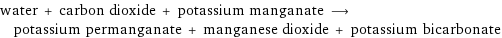 water + carbon dioxide + potassium manganate ⟶ potassium permanganate + manganese dioxide + potassium bicarbonate