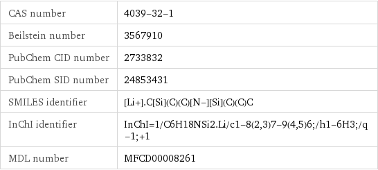 CAS number | 4039-32-1 Beilstein number | 3567910 PubChem CID number | 2733832 PubChem SID number | 24853431 SMILES identifier | [Li+].C[Si](C)(C)[N-][Si](C)(C)C InChI identifier | InChI=1/C6H18NSi2.Li/c1-8(2, 3)7-9(4, 5)6;/h1-6H3;/q-1;+1 MDL number | MFCD00008261