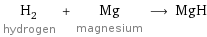 H_2 hydrogen + Mg magnesium ⟶ MgH
