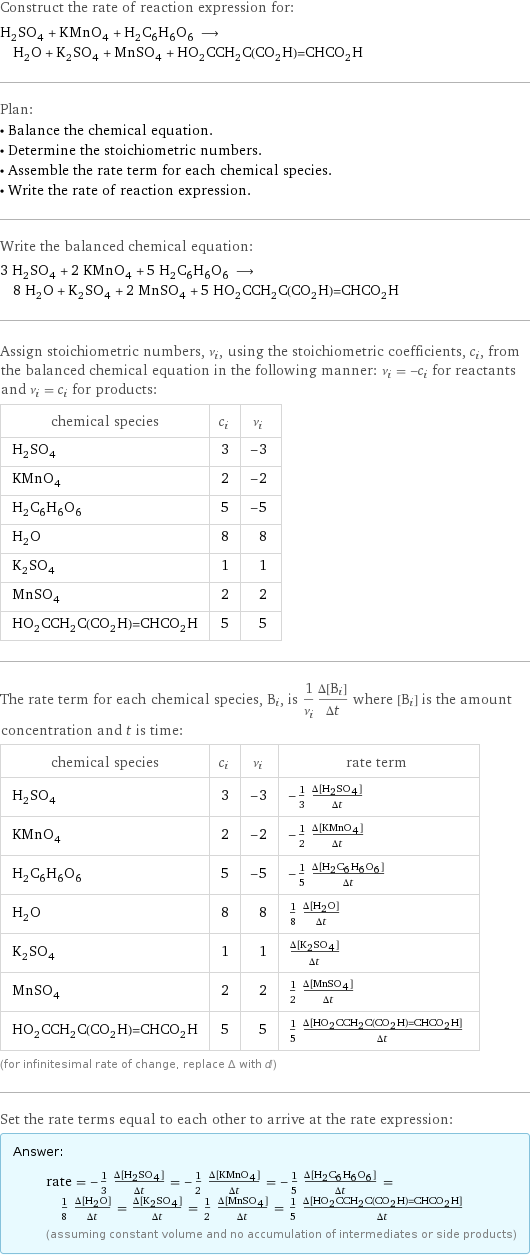 Construct the rate of reaction expression for: H_2SO_4 + KMnO_4 + H_2C_6H_6O_6 ⟶ H_2O + K_2SO_4 + MnSO_4 + HO_2CCH_2C(CO_2H)=CHCO_2H Plan: • Balance the chemical equation. • Determine the stoichiometric numbers. • Assemble the rate term for each chemical species. • Write the rate of reaction expression. Write the balanced chemical equation: 3 H_2SO_4 + 2 KMnO_4 + 5 H_2C_6H_6O_6 ⟶ 8 H_2O + K_2SO_4 + 2 MnSO_4 + 5 HO_2CCH_2C(CO_2H)=CHCO_2H Assign stoichiometric numbers, ν_i, using the stoichiometric coefficients, c_i, from the balanced chemical equation in the following manner: ν_i = -c_i for reactants and ν_i = c_i for products: chemical species | c_i | ν_i H_2SO_4 | 3 | -3 KMnO_4 | 2 | -2 H_2C_6H_6O_6 | 5 | -5 H_2O | 8 | 8 K_2SO_4 | 1 | 1 MnSO_4 | 2 | 2 HO_2CCH_2C(CO_2H)=CHCO_2H | 5 | 5 The rate term for each chemical species, B_i, is 1/ν_i(Δ[B_i])/(Δt) where [B_i] is the amount concentration and t is time: chemical species | c_i | ν_i | rate term H_2SO_4 | 3 | -3 | -1/3 (Δ[H2SO4])/(Δt) KMnO_4 | 2 | -2 | -1/2 (Δ[KMnO4])/(Δt) H_2C_6H_6O_6 | 5 | -5 | -1/5 (Δ[H2C6H6O6])/(Δt) H_2O | 8 | 8 | 1/8 (Δ[H2O])/(Δt) K_2SO_4 | 1 | 1 | (Δ[K2SO4])/(Δt) MnSO_4 | 2 | 2 | 1/2 (Δ[MnSO4])/(Δt) HO_2CCH_2C(CO_2H)=CHCO_2H | 5 | 5 | 1/5 (Δ[HO2CCH2C(CO2H)=CHCO2H])/(Δt) (for infinitesimal rate of change, replace Δ with d) Set the rate terms equal to each other to arrive at the rate expression: Answer: |   | rate = -1/3 (Δ[H2SO4])/(Δt) = -1/2 (Δ[KMnO4])/(Δt) = -1/5 (Δ[H2C6H6O6])/(Δt) = 1/8 (Δ[H2O])/(Δt) = (Δ[K2SO4])/(Δt) = 1/2 (Δ[MnSO4])/(Δt) = 1/5 (Δ[HO2CCH2C(CO2H)=CHCO2H])/(Δt) (assuming constant volume and no accumulation of intermediates or side products)