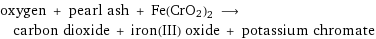 oxygen + pearl ash + Fe(CrO2)2 ⟶ carbon dioxide + iron(III) oxide + potassium chromate