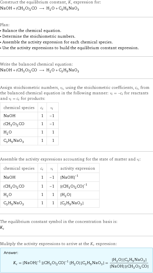 Construct the equilibrium constant, K, expression for: NaOH + (CH_3O)_2CO ⟶ H_2O + C_3H_5NaO_3 Plan: • Balance the chemical equation. • Determine the stoichiometric numbers. • Assemble the activity expression for each chemical species. • Use the activity expressions to build the equilibrium constant expression. Write the balanced chemical equation: NaOH + (CH_3O)_2CO ⟶ H_2O + C_3H_5NaO_3 Assign stoichiometric numbers, ν_i, using the stoichiometric coefficients, c_i, from the balanced chemical equation in the following manner: ν_i = -c_i for reactants and ν_i = c_i for products: chemical species | c_i | ν_i NaOH | 1 | -1 (CH_3O)_2CO | 1 | -1 H_2O | 1 | 1 C_3H_5NaO_3 | 1 | 1 Assemble the activity expressions accounting for the state of matter and ν_i: chemical species | c_i | ν_i | activity expression NaOH | 1 | -1 | ([NaOH])^(-1) (CH_3O)_2CO | 1 | -1 | ([(CH3O)2CO])^(-1) H_2O | 1 | 1 | [H2O] C_3H_5NaO_3 | 1 | 1 | [C3H5NaO3] The equilibrium constant symbol in the concentration basis is: K_c Mulitply the activity expressions to arrive at the K_c expression: Answer: |   | K_c = ([NaOH])^(-1) ([(CH3O)2CO])^(-1) [H2O] [C3H5NaO3] = ([H2O] [C3H5NaO3])/([NaOH] [(CH3O)2CO])