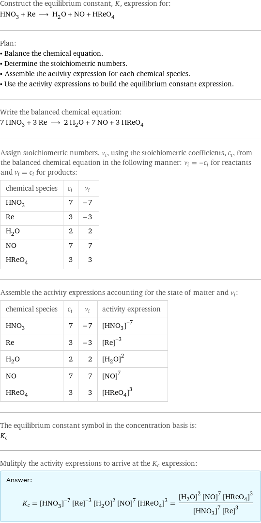 Construct the equilibrium constant, K, expression for: HNO_3 + Re ⟶ H_2O + NO + HReO_4 Plan: • Balance the chemical equation. • Determine the stoichiometric numbers. • Assemble the activity expression for each chemical species. • Use the activity expressions to build the equilibrium constant expression. Write the balanced chemical equation: 7 HNO_3 + 3 Re ⟶ 2 H_2O + 7 NO + 3 HReO_4 Assign stoichiometric numbers, ν_i, using the stoichiometric coefficients, c_i, from the balanced chemical equation in the following manner: ν_i = -c_i for reactants and ν_i = c_i for products: chemical species | c_i | ν_i HNO_3 | 7 | -7 Re | 3 | -3 H_2O | 2 | 2 NO | 7 | 7 HReO_4 | 3 | 3 Assemble the activity expressions accounting for the state of matter and ν_i: chemical species | c_i | ν_i | activity expression HNO_3 | 7 | -7 | ([HNO3])^(-7) Re | 3 | -3 | ([Re])^(-3) H_2O | 2 | 2 | ([H2O])^2 NO | 7 | 7 | ([NO])^7 HReO_4 | 3 | 3 | ([HReO4])^3 The equilibrium constant symbol in the concentration basis is: K_c Mulitply the activity expressions to arrive at the K_c expression: Answer: |   | K_c = ([HNO3])^(-7) ([Re])^(-3) ([H2O])^2 ([NO])^7 ([HReO4])^3 = (([H2O])^2 ([NO])^7 ([HReO4])^3)/(([HNO3])^7 ([Re])^3)