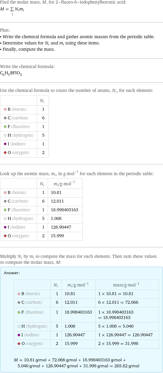 Find the molar mass, M, for 2-fluoro-6-iodophenylboronic acid: M = sum _iN_im_i Plan: • Write the chemical formula and gather atomic masses from the periodic table. • Determine values for N_i and m_i using these items. • Finally, compute the mass. Write the chemical formula: C_6H_5BFIO_2 Use the chemical formula to count the number of atoms, N_i, for each element:  | N_i  B (boron) | 1  C (carbon) | 6  F (fluorine) | 1  H (hydrogen) | 5  I (iodine) | 1  O (oxygen) | 2 Look up the atomic mass, m_i, in g·mol^(-1) for each element in the periodic table:  | N_i | m_i/g·mol^(-1)  B (boron) | 1 | 10.81  C (carbon) | 6 | 12.011  F (fluorine) | 1 | 18.998403163  H (hydrogen) | 5 | 1.008  I (iodine) | 1 | 126.90447  O (oxygen) | 2 | 15.999 Multiply N_i by m_i to compute the mass for each element. Then sum those values to compute the molar mass, M: Answer: |   | | N_i | m_i/g·mol^(-1) | mass/g·mol^(-1)  B (boron) | 1 | 10.81 | 1 × 10.81 = 10.81  C (carbon) | 6 | 12.011 | 6 × 12.011 = 72.066  F (fluorine) | 1 | 18.998403163 | 1 × 18.998403163 = 18.998403163  H (hydrogen) | 5 | 1.008 | 5 × 1.008 = 5.040  I (iodine) | 1 | 126.90447 | 1 × 126.90447 = 126.90447  O (oxygen) | 2 | 15.999 | 2 × 15.999 = 31.998  M = 10.81 g/mol + 72.066 g/mol + 18.998403163 g/mol + 5.040 g/mol + 126.90447 g/mol + 31.998 g/mol = 265.82 g/mol