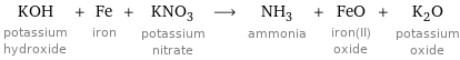 KOH potassium hydroxide + Fe iron + KNO_3 potassium nitrate ⟶ NH_3 ammonia + FeO iron(II) oxide + K_2O potassium oxide