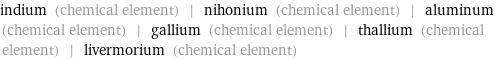 indium (chemical element) | nihonium (chemical element) | aluminum (chemical element) | gallium (chemical element) | thallium (chemical element) | livermorium (chemical element)