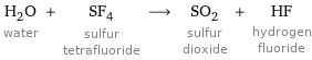 H_2O water + SF_4 sulfur tetrafluoride ⟶ SO_2 sulfur dioxide + HF hydrogen fluoride