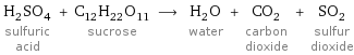 H_2SO_4 sulfuric acid + C_12H_22O_11 sucrose ⟶ H_2O water + CO_2 carbon dioxide + SO_2 sulfur dioxide