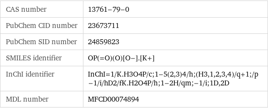 CAS number | 13761-79-0 PubChem CID number | 23673711 PubChem SID number | 24859823 SMILES identifier | OP(=O)(O)[O-].[K+] InChI identifier | InChI=1/K.H3O4P/c;1-5(2, 3)4/h;(H3, 1, 2, 3, 4)/q+1;/p-1/i/hD2/fK.H2O4P/h;1-2H/qm;-1/i;1D, 2D MDL number | MFCD00074894