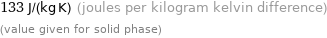 133 J/(kg K) (joules per kilogram kelvin difference) (value given for solid phase)