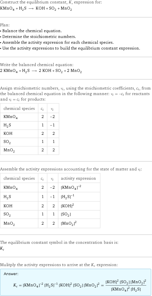 Construct the equilibrium constant, K, expression for: KMnO_4 + H_2S ⟶ KOH + SO_2 + MnO_2 Plan: • Balance the chemical equation. • Determine the stoichiometric numbers. • Assemble the activity expression for each chemical species. • Use the activity expressions to build the equilibrium constant expression. Write the balanced chemical equation: 2 KMnO_4 + H_2S ⟶ 2 KOH + SO_2 + 2 MnO_2 Assign stoichiometric numbers, ν_i, using the stoichiometric coefficients, c_i, from the balanced chemical equation in the following manner: ν_i = -c_i for reactants and ν_i = c_i for products: chemical species | c_i | ν_i KMnO_4 | 2 | -2 H_2S | 1 | -1 KOH | 2 | 2 SO_2 | 1 | 1 MnO_2 | 2 | 2 Assemble the activity expressions accounting for the state of matter and ν_i: chemical species | c_i | ν_i | activity expression KMnO_4 | 2 | -2 | ([KMnO4])^(-2) H_2S | 1 | -1 | ([H2S])^(-1) KOH | 2 | 2 | ([KOH])^2 SO_2 | 1 | 1 | [SO2] MnO_2 | 2 | 2 | ([MnO2])^2 The equilibrium constant symbol in the concentration basis is: K_c Mulitply the activity expressions to arrive at the K_c expression: Answer: |   | K_c = ([KMnO4])^(-2) ([H2S])^(-1) ([KOH])^2 [SO2] ([MnO2])^2 = (([KOH])^2 [SO2] ([MnO2])^2)/(([KMnO4])^2 [H2S])