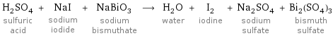 H_2SO_4 sulfuric acid + NaI sodium iodide + NaBiO_3 sodium bismuthate ⟶ H_2O water + I_2 iodine + Na_2SO_4 sodium sulfate + Bi_2(SO_4)_3 bismuth sulfate