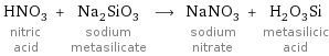 HNO_3 nitric acid + Na_2SiO_3 sodium metasilicate ⟶ NaNO_3 sodium nitrate + H_2O_3Si metasilicic acid