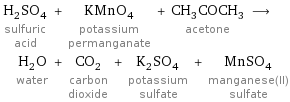 H_2SO_4 sulfuric acid + KMnO_4 potassium permanganate + CH_3COCH_3 acetone ⟶ H_2O water + CO_2 carbon dioxide + K_2SO_4 potassium sulfate + MnSO_4 manganese(II) sulfate