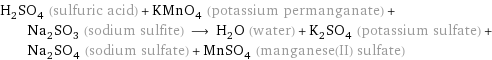 H_2SO_4 (sulfuric acid) + KMnO_4 (potassium permanganate) + Na_2SO_3 (sodium sulfite) ⟶ H_2O (water) + K_2SO_4 (potassium sulfate) + Na_2SO_4 (sodium sulfate) + MnSO_4 (manganese(II) sulfate)