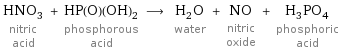 HNO_3 nitric acid + HP(O)(OH)_2 phosphorous acid ⟶ H_2O water + NO nitric oxide + H_3PO_4 phosphoric acid